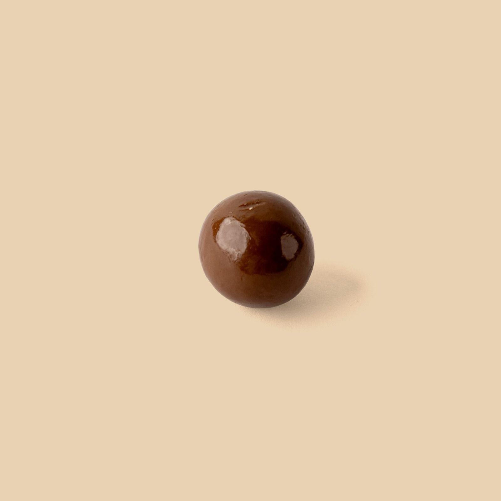 A single round hazelnut dragée coated in smooth milk chocolate, centered against a neutral cream-colored background with a soft drop shadow