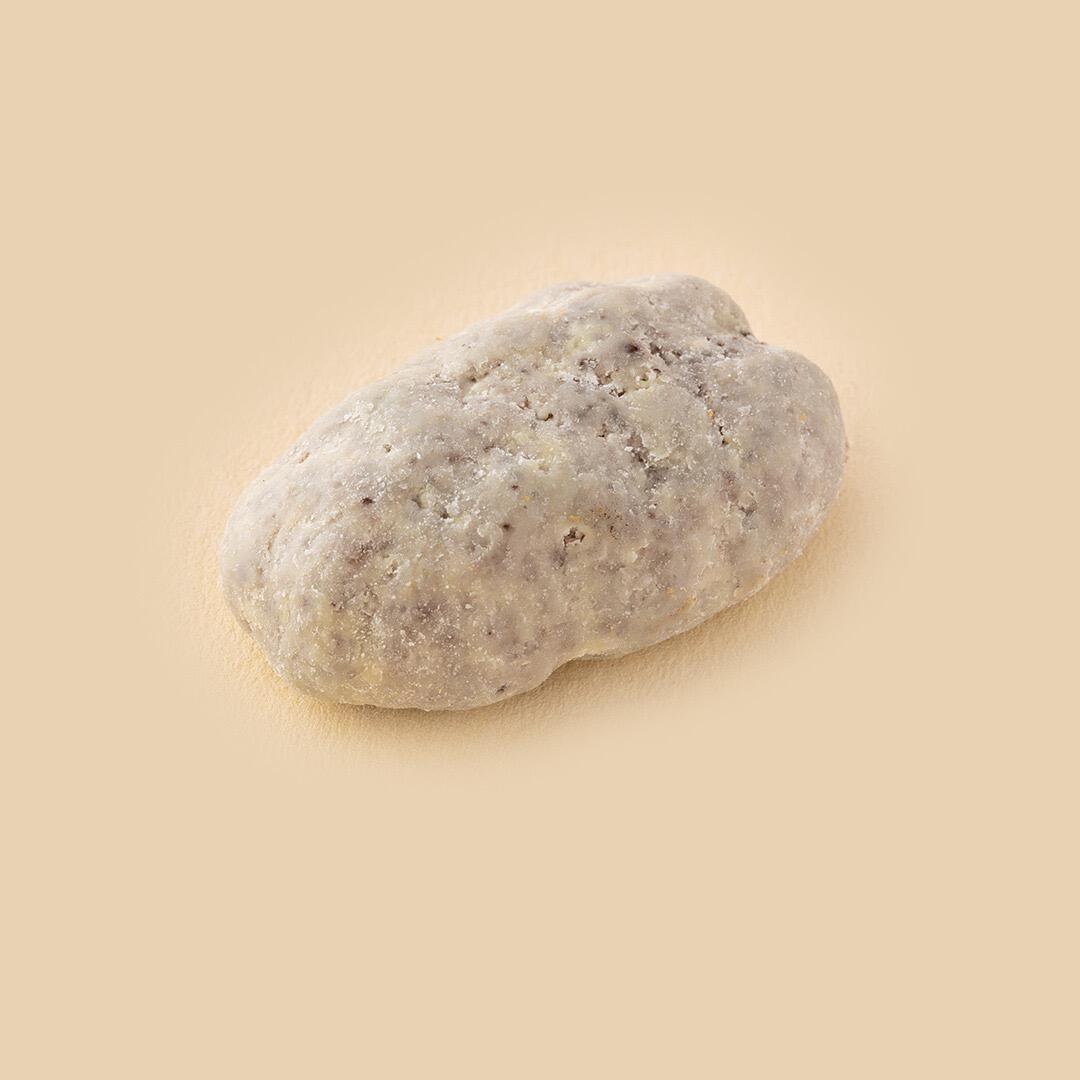 A single oval-shaped pecan cookie coated in a speckled, light-grey textured glaze, centered on a solid soft beige background.
