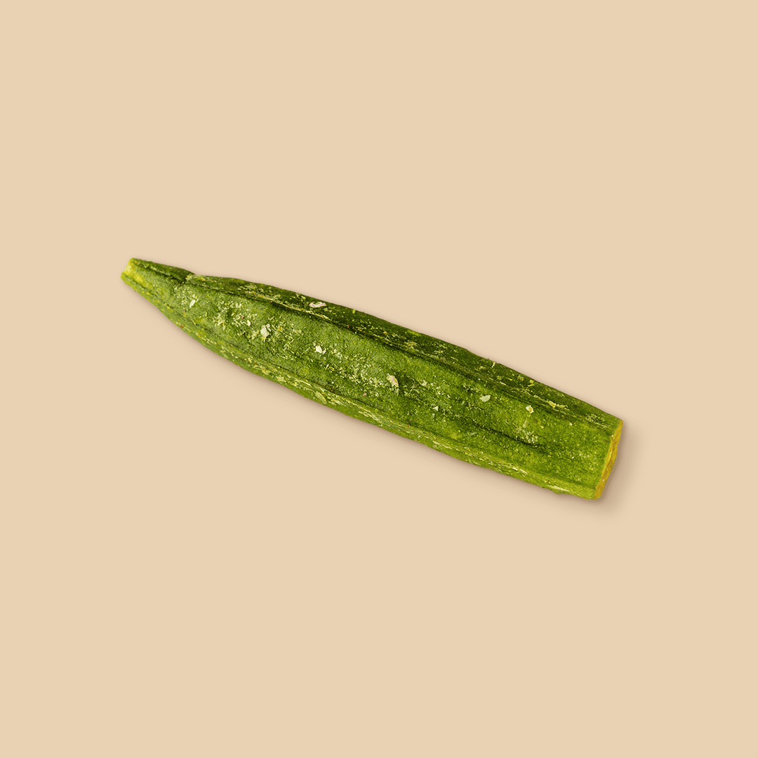 A single, dried, dark green okra pod with a ridged texture, captured at an angled view against a plain, light beige studio background