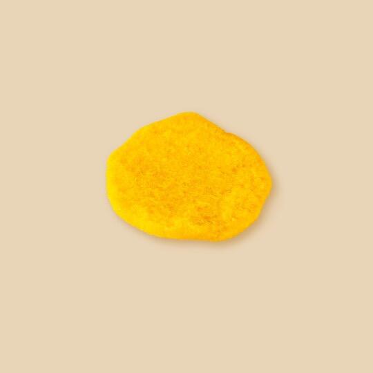 A single, circular dehydrated sweet potato slice with a vibrant orange, textured surface centered on a neutral, solid beige background