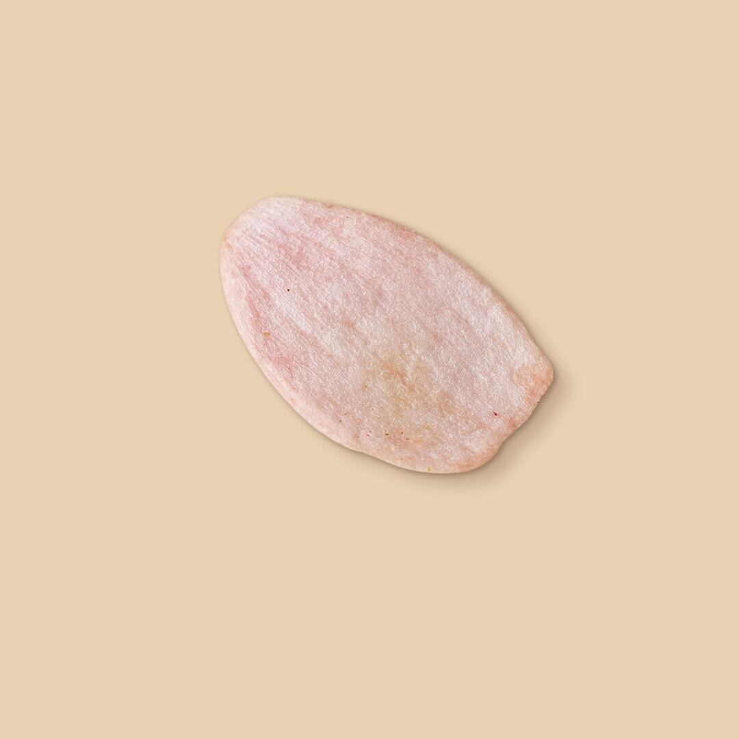 Single translucent dehydrated onion slice with a pale pink hue and natural fibrous texture, centered on a solid beige background in a top-down view