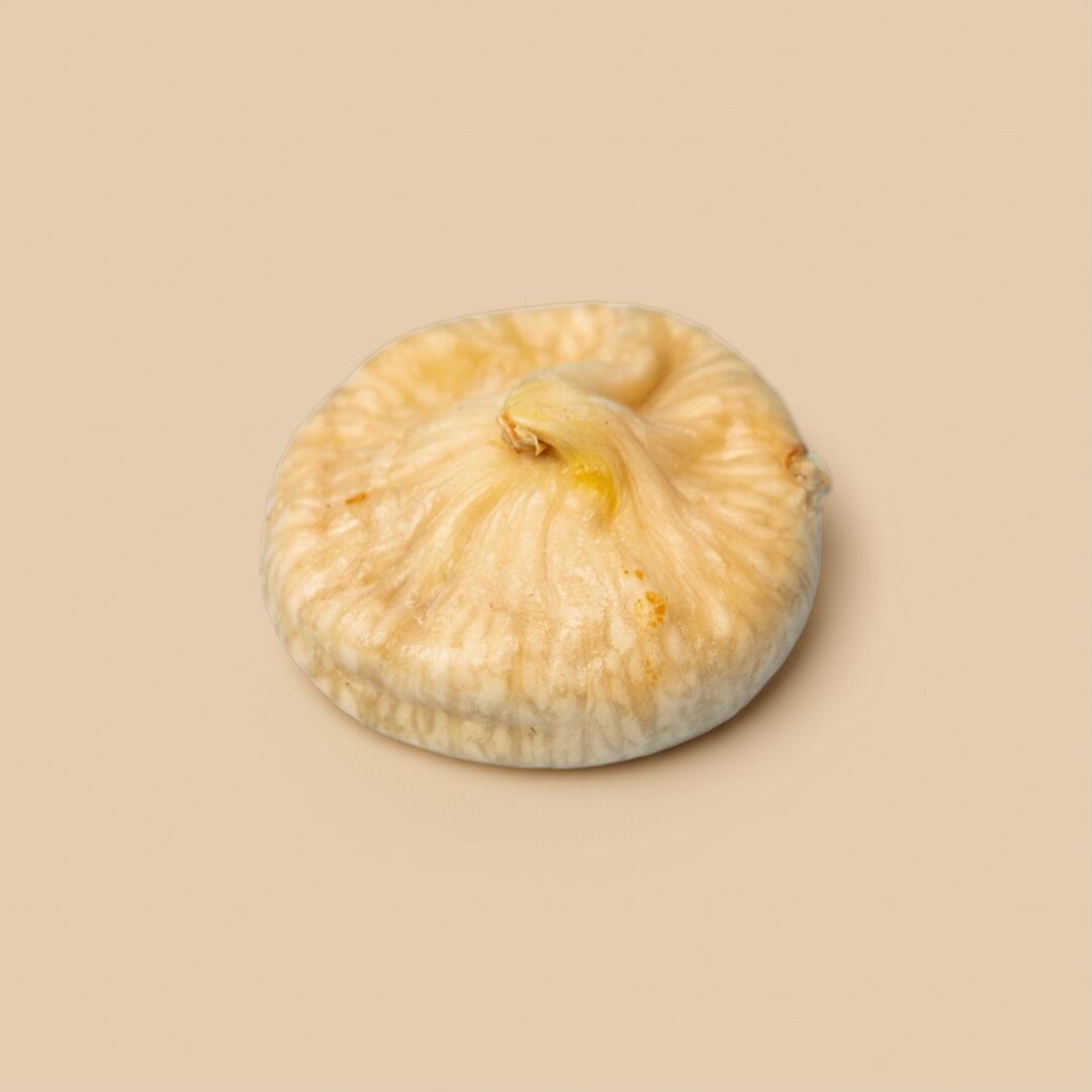 A single, round, light-tan dried jumbo fig centered on a plain neutral background, captured from a high-angle studio shot